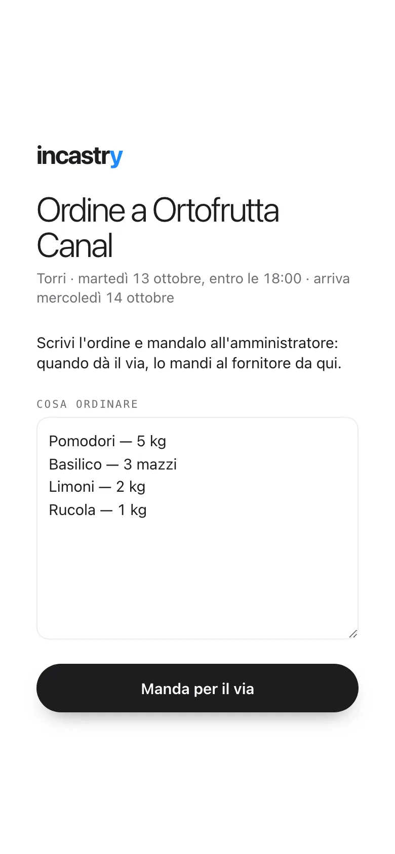 La pagina dove chi ordina scrive l'ordine dal telefono